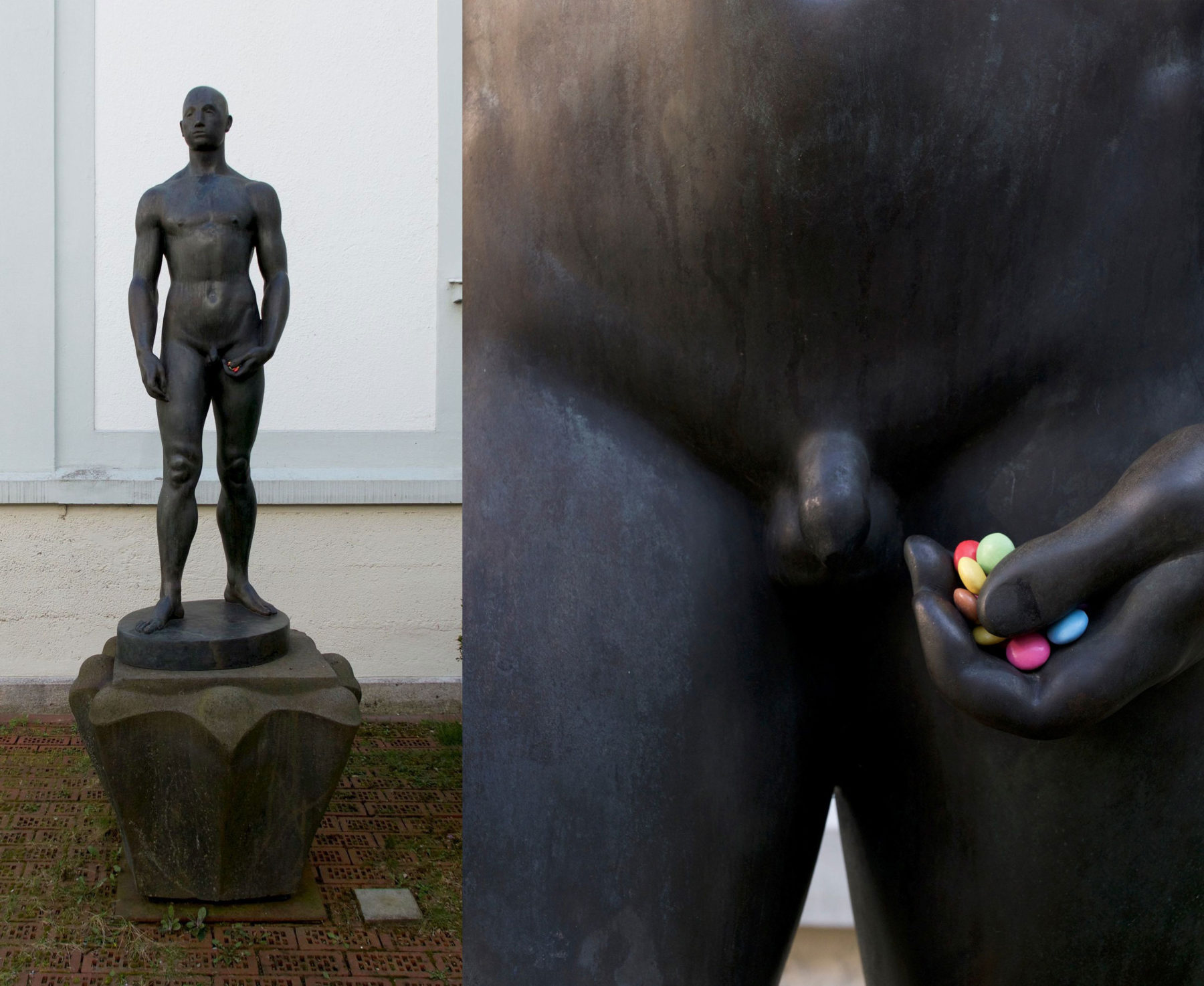 Das Foto zeigt die Figur Junger Athlet von Edwin Scharff im Innenhof des Museums. In der Hand hält er bunte Smarties, eine Intervention des Künstlers Stefan Wissel. Rechts neben dem Foto ist eine Großaufnahme der Hand.