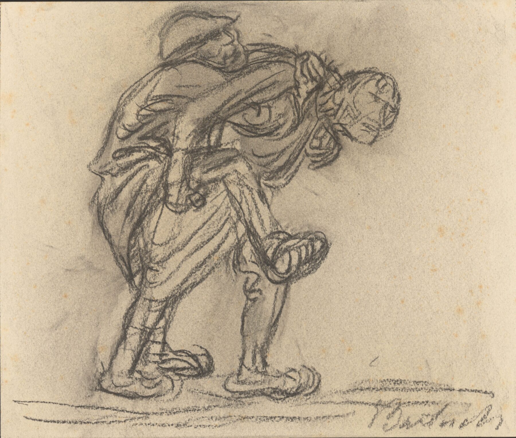 Die Abbildung zeigt eine Zeichnung des Künstlers Ernst Barlach, darauf ist ein Mann zu sehen, der in gebückter Haltung einen anderen Mann auf dem Rücken trägt.