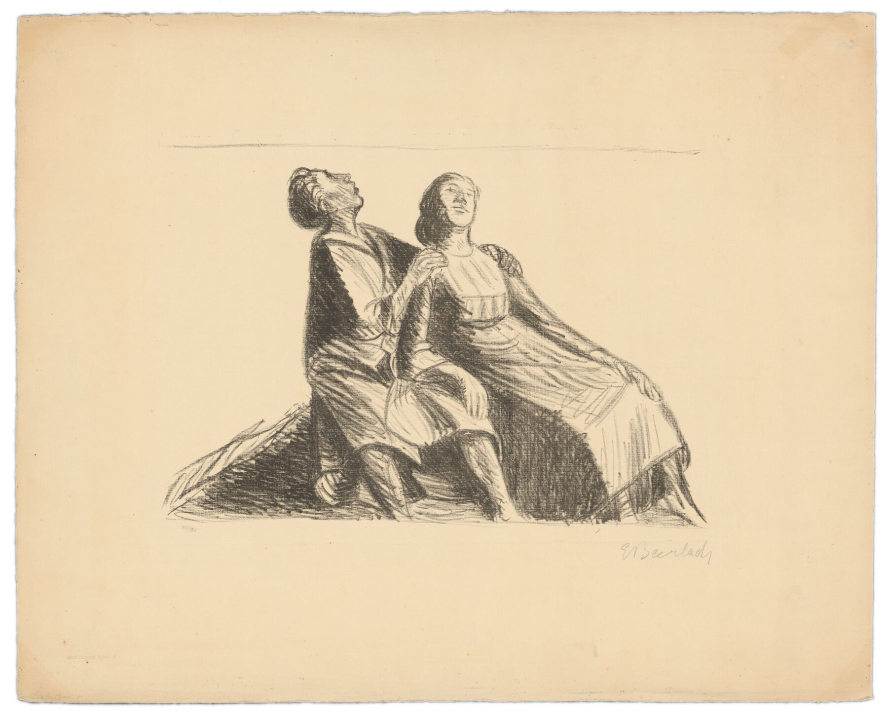 Das Bild zeigt eine Lithografie von Ernst Barlach. Es heißt "Liebespaar" und zeigt eine Frau und einen Mann. Die Frau lehnt sich an den Mann an.